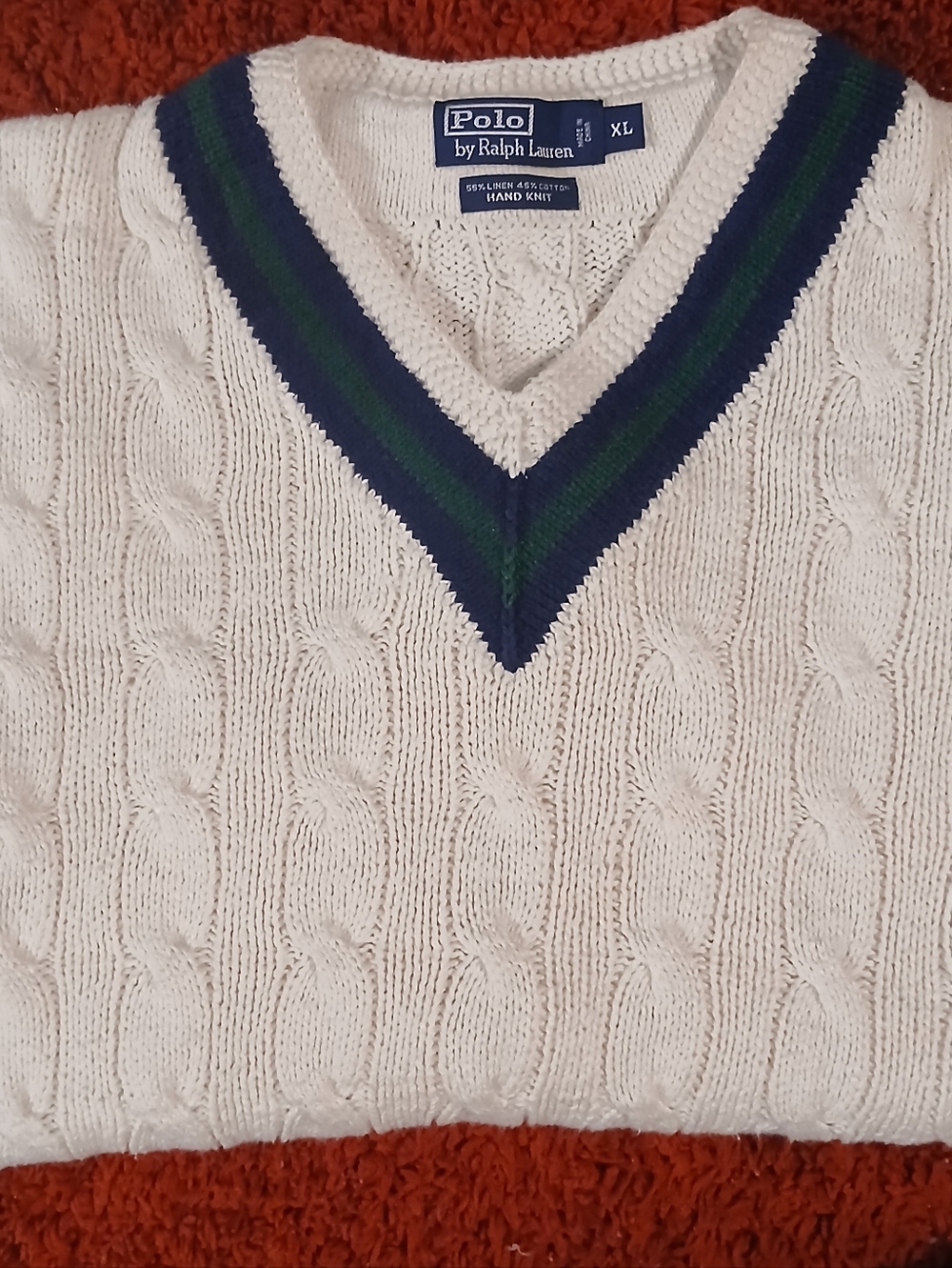 Polo by Ralph Lauren White Cable-Knit V-Neck Sweater with Navy & Green Trim - Picture 8 of 8